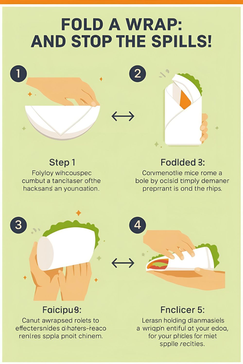 Text overlay "How to Fold a Wrap" over a step-by-step infographic showing the four main steps of folding a burrito-style wrap.