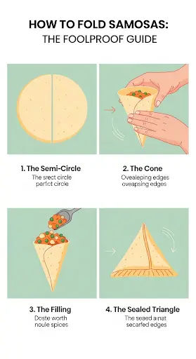 Text overlay "How to Fold Samosas" over a clear, bright image showing a step-by-step infographic of the four main stages of folding a samosa cone.