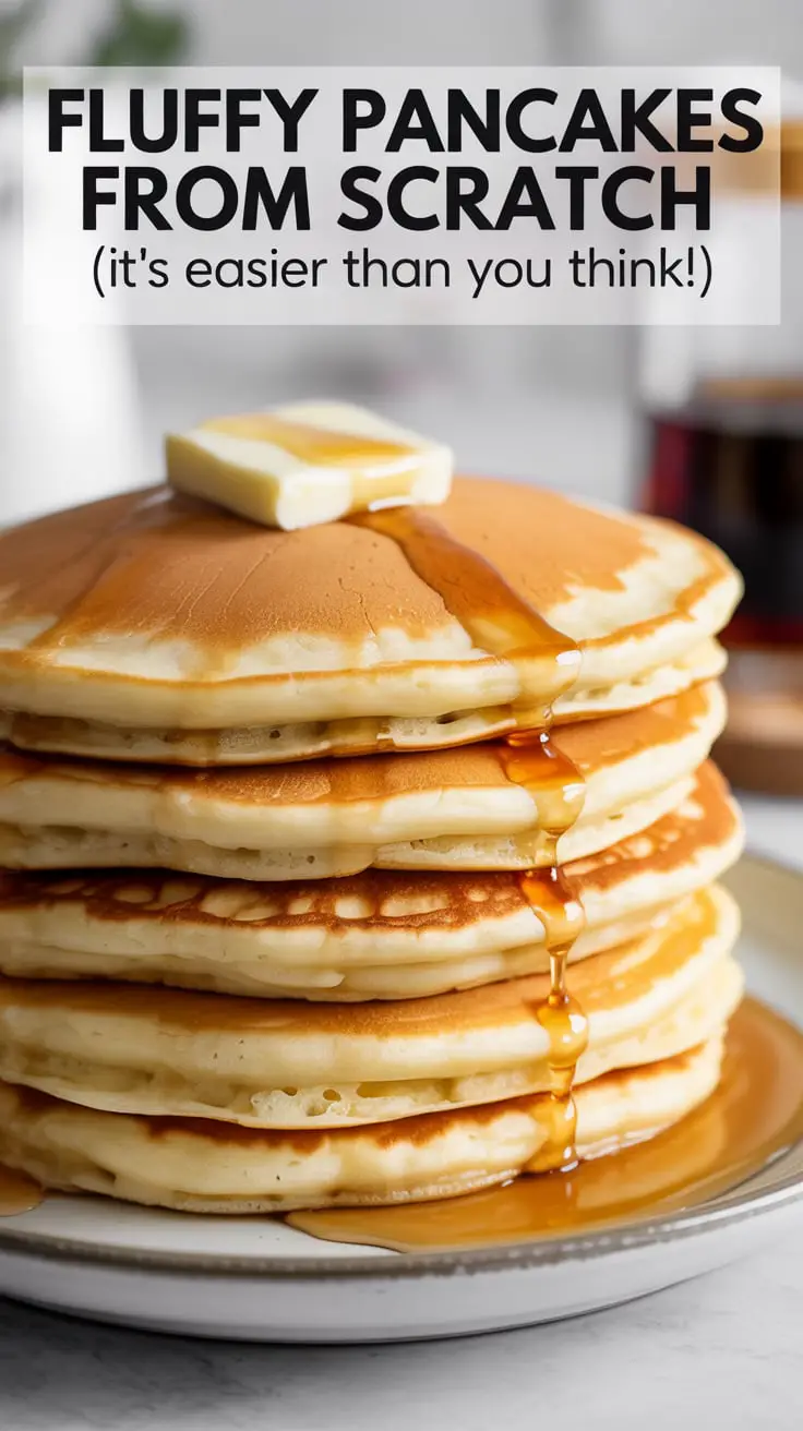 Text overlay "How to Make a Pancake" over an irresistible photo of a tall stack of golden-brown, fluffy pancakes with a pat of melting butter and maple syrup dripping down the sides.