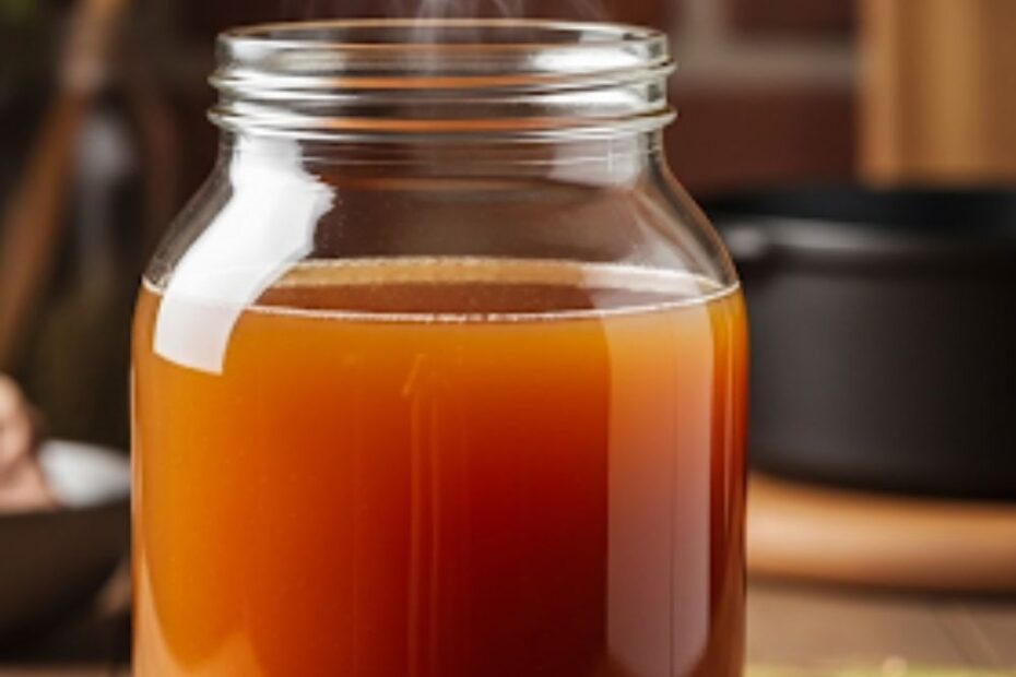 Text overlay "How to Make Beef Broth" over a beautiful image of a clear, dark amber beef broth being poured from a ladle into a glass jar.
