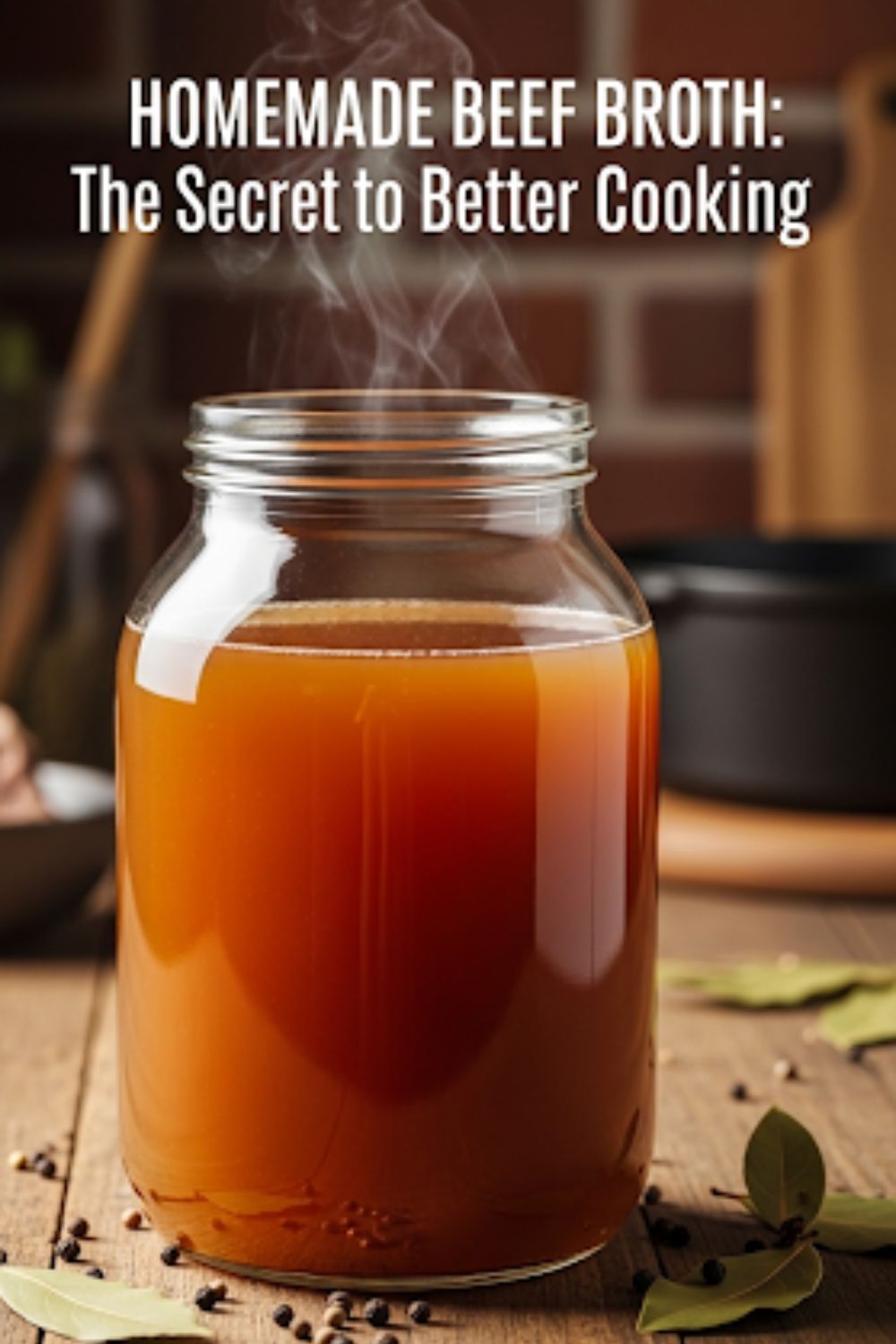 Text overlay "How to Make Beef Broth" over a beautiful image of a clear, dark amber beef broth being poured from a ladle into a glass jar.