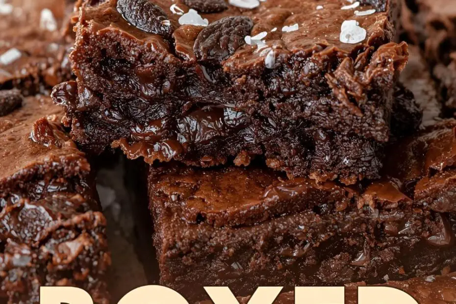 Text overlay "How to Make Boxed Brownies Better" on a vibrant, mouth-watering image of perfectly cut, fudgy brownies with a crackly top, dusted with flaky sea salt, on a cooling rack