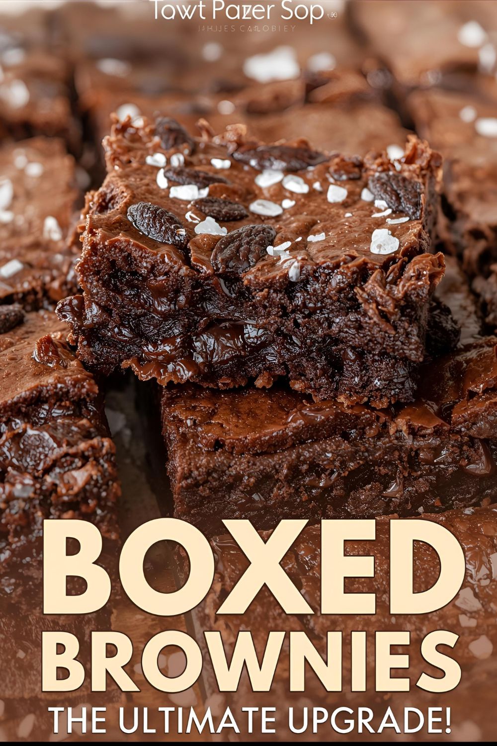 Text overlay "How to Make Boxed Brownies Better" on a vibrant, mouth-watering image of perfectly cut, fudgy brownies with a crackly top, dusted with flaky sea salt, on a cooling rack