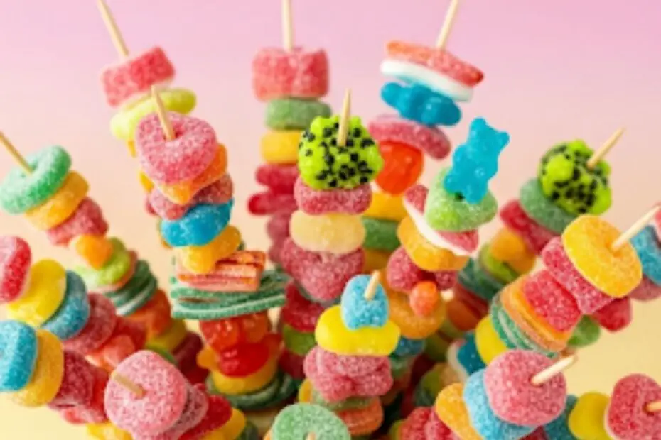Text overlay "How to Make Candy Kabobs" over a vibrant image of several colorful candy kabobs arranged artfully on a white platter, ready for a party.