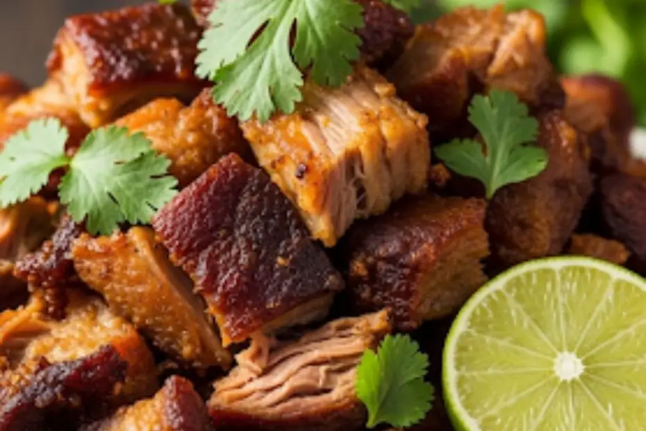 Text overlay "How to Make Slow Cooker Carnitas" over a mouth-watering image of crispy, browned, and tender shredded pork carnitas on a rustic wooden board.