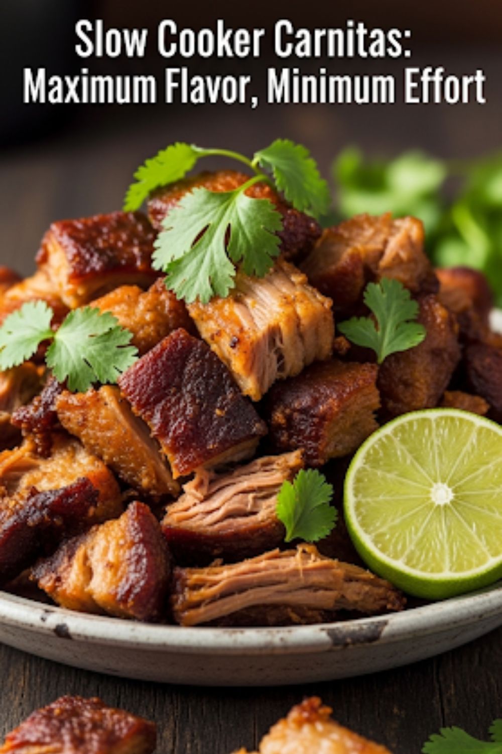 Text overlay "How to Make Slow Cooker Carnitas" over a mouth-watering image of crispy, browned, and tender shredded pork carnitas on a rustic wooden board.