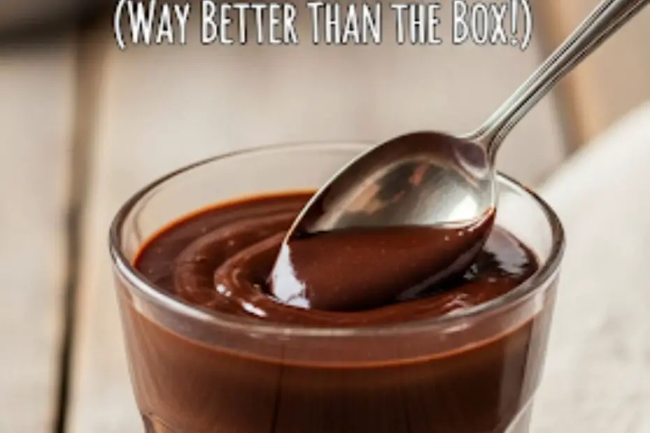 Text overlay "How to Make Chocolate Pudding" over a beautiful, decadent bowl of rich, dark chocolate pudding with a perfect swirl on top, garnished with a few chocolate shavings.
