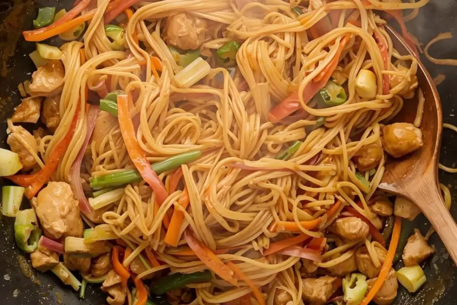 Text overlay "How to Make Chow Mein Noodles" on a vibrant image of perfectly stir-fried chow mein noodles with colorful vegetables and chicken in a large wok.