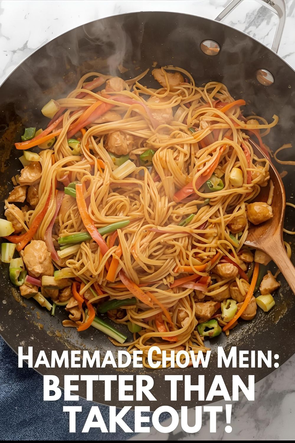 Text overlay "How to Make Chow Mein Noodles" on a vibrant image of perfectly stir-fried chow mein noodles with colorful vegetables and chicken in a large wok.