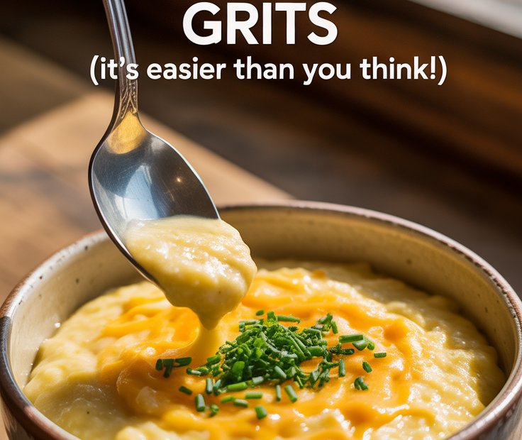 Text overlay "How to Make Grits" over a comforting bowl of creamy, cheesy grits, with a pat of butter melting on top and a sprinkle of black pepper