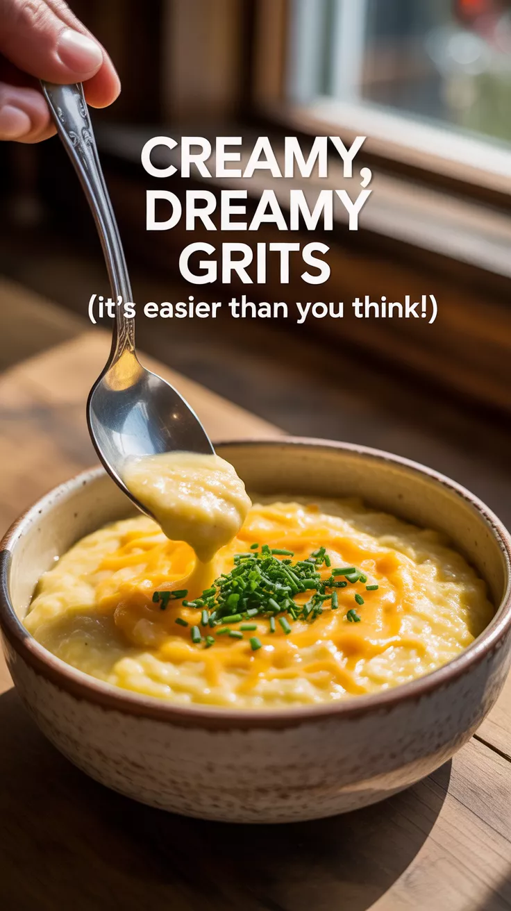 Text overlay "How to Make Grits" over a comforting bowl of creamy, cheesy grits, with a pat of butter melting on top and a sprinkle of black pepper