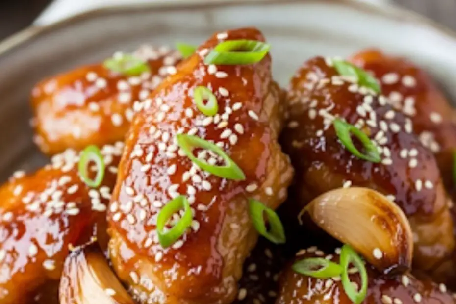 Text overlay "How to Make Honey Garlic Chicken" over a vibrant close-up of glossy, sticky honey garlic chicken pieces, garnished with green onions and sesame seeds.
