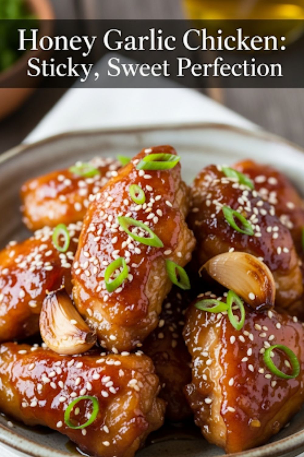 Text overlay "How to Make Honey Garlic Chicken" over a vibrant close-up of glossy, sticky honey garlic chicken pieces, garnished with green onions and sesame seeds.