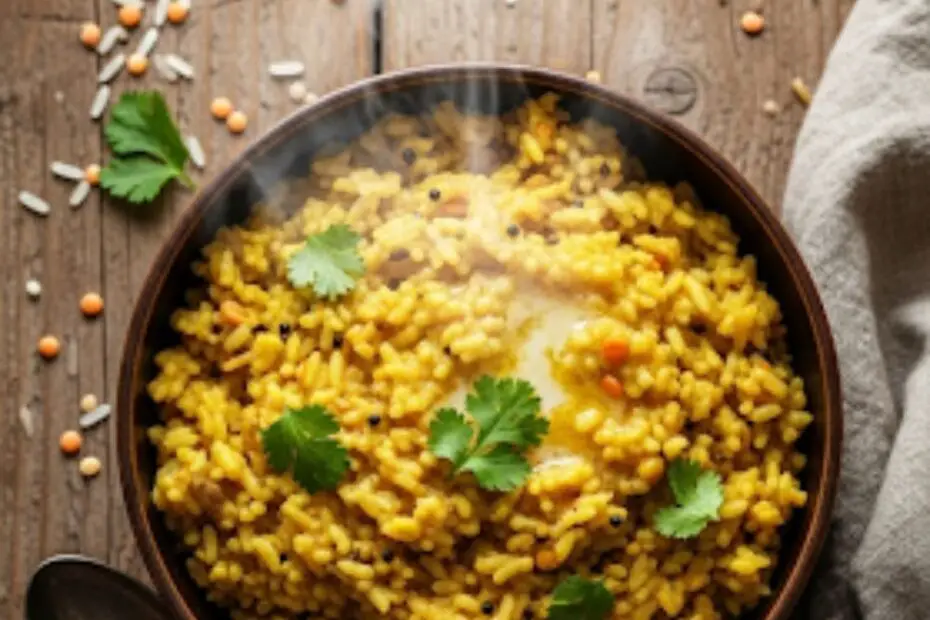 Text overlay "How to Make Khichdi" over a warm, inviting bowl of khichdi, topped with a dollop of ghee and fresh cilantro.