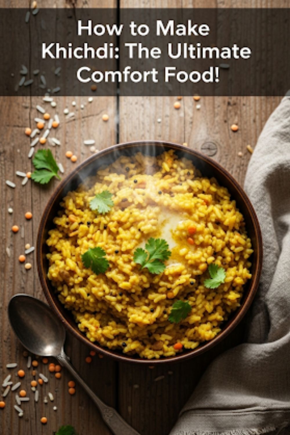 Text overlay "How to Make Khichdi" over a warm, inviting bowl of khichdi, topped with a dollop of ghee and fresh cilantro.