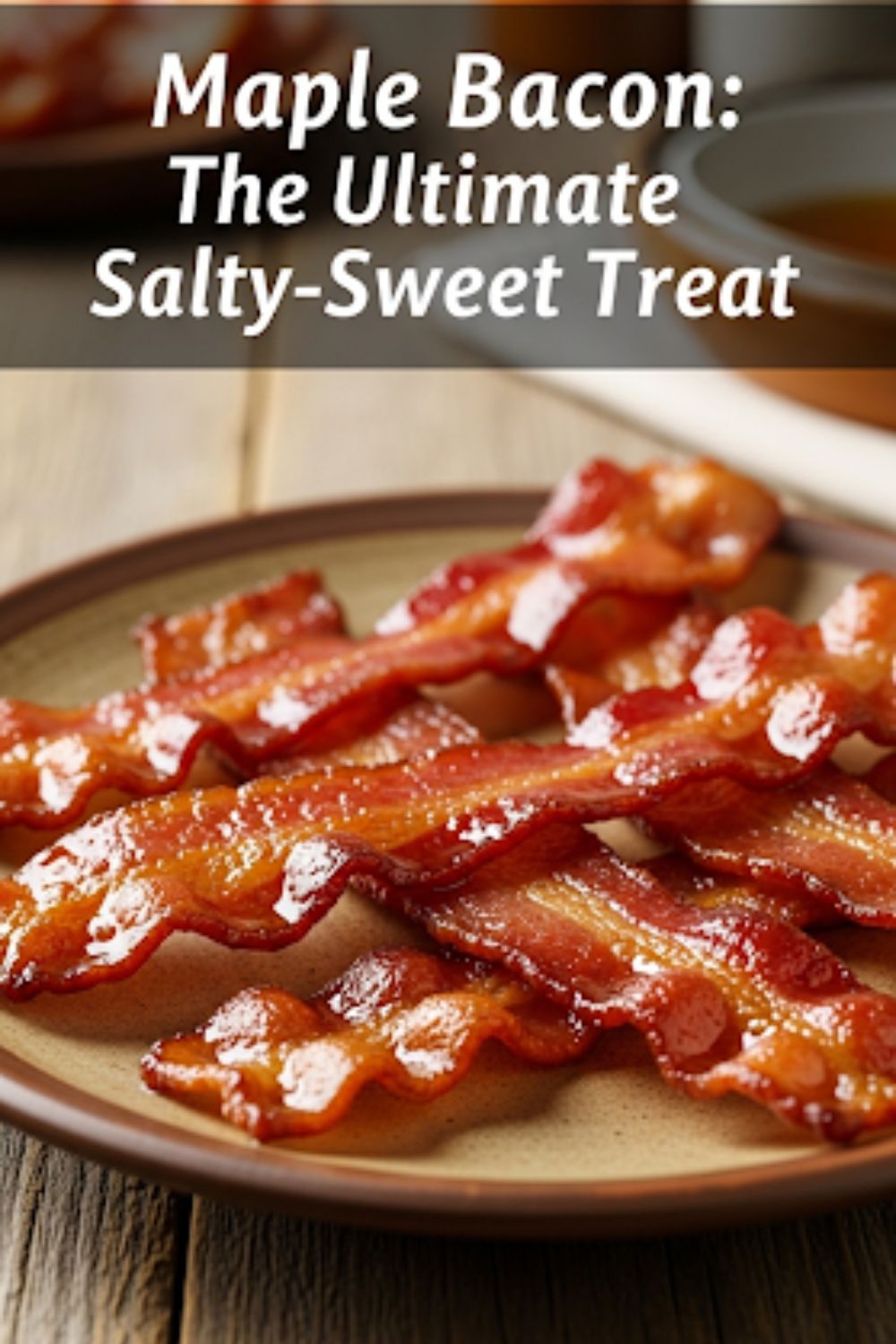 Text overlay "How to Make Maple Bacon" over a stunning, close-up shot of several perfectly crispy, glossy, and caramelized strips of maple bacon on a wire rack.