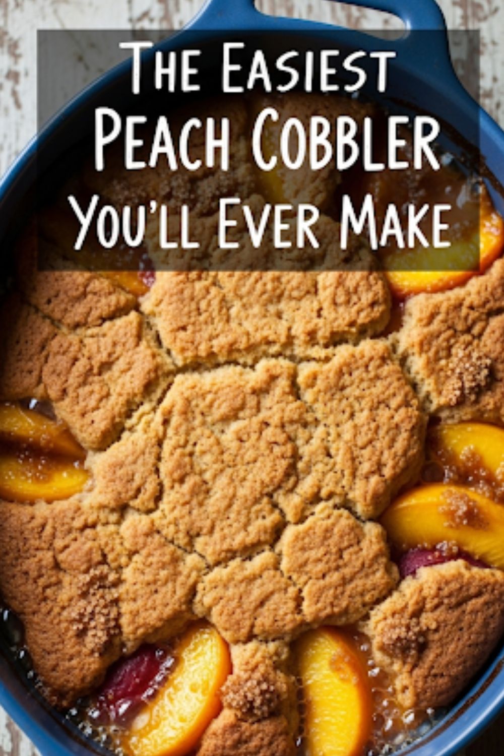 Text overlay "How to Make Peach Cobbler" over a vibrant image of a bubbling, golden-brown peach cobbler fresh out of the oven in a rustic baking dish.