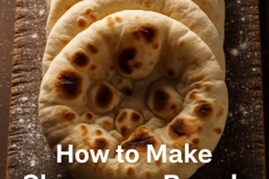 Text overlay "How to Make Shawarma Bread" over a beautiful image of soft, freshly cooked shawarma bread on a rustic wooden board.