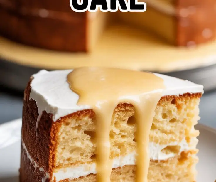 Text overlay "How to Make Tres Leches Cake" over a stunning image of a slice of the cake on a plate, showing its moist crumb and a pool of sweet milk sauce.