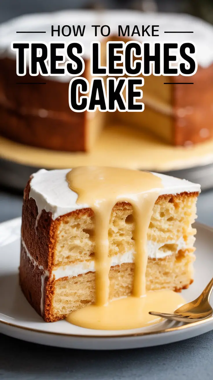 Text overlay "How to Make Tres Leches Cake" over a stunning image of a slice of the cake on a plate, showing its moist crumb and a pool of sweet milk sauce.