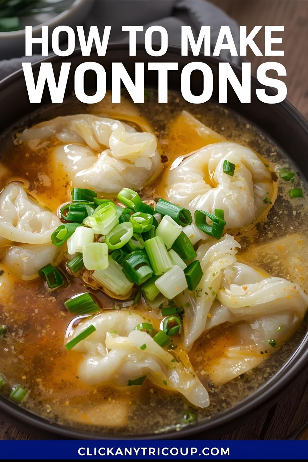 "How to Make Wontons" text overlay on a photo of a steaming bowl of wonton soup