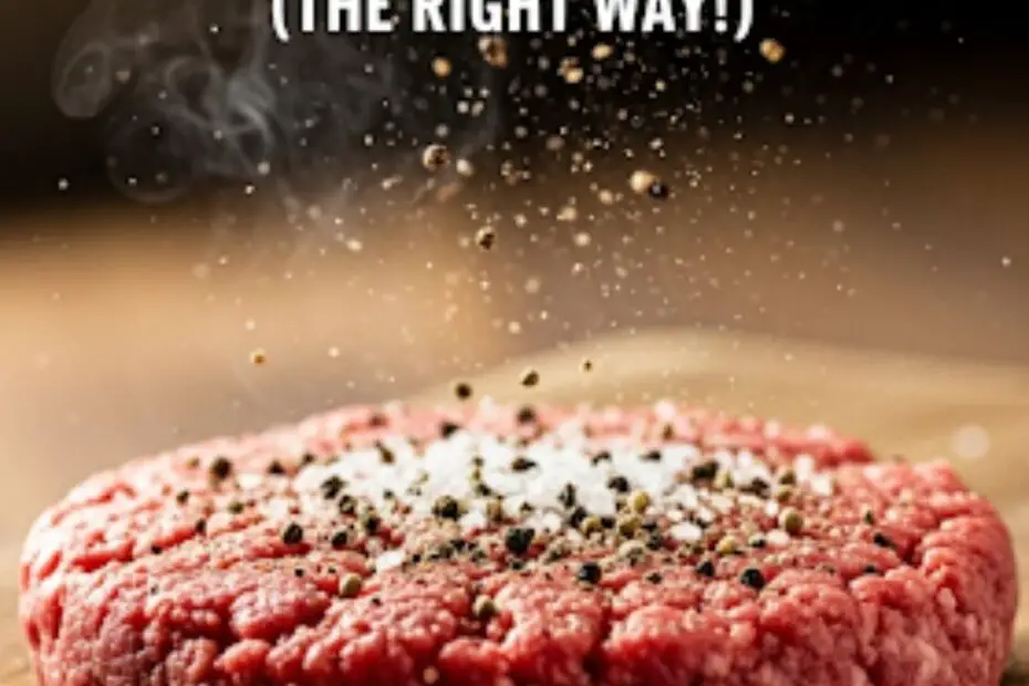 Text overlay "How to Season Burger Patties" over a dramatic, close-up shot of a hand generously sprinkling a coarse seasoning blend onto a perfectly formed raw burger patty.