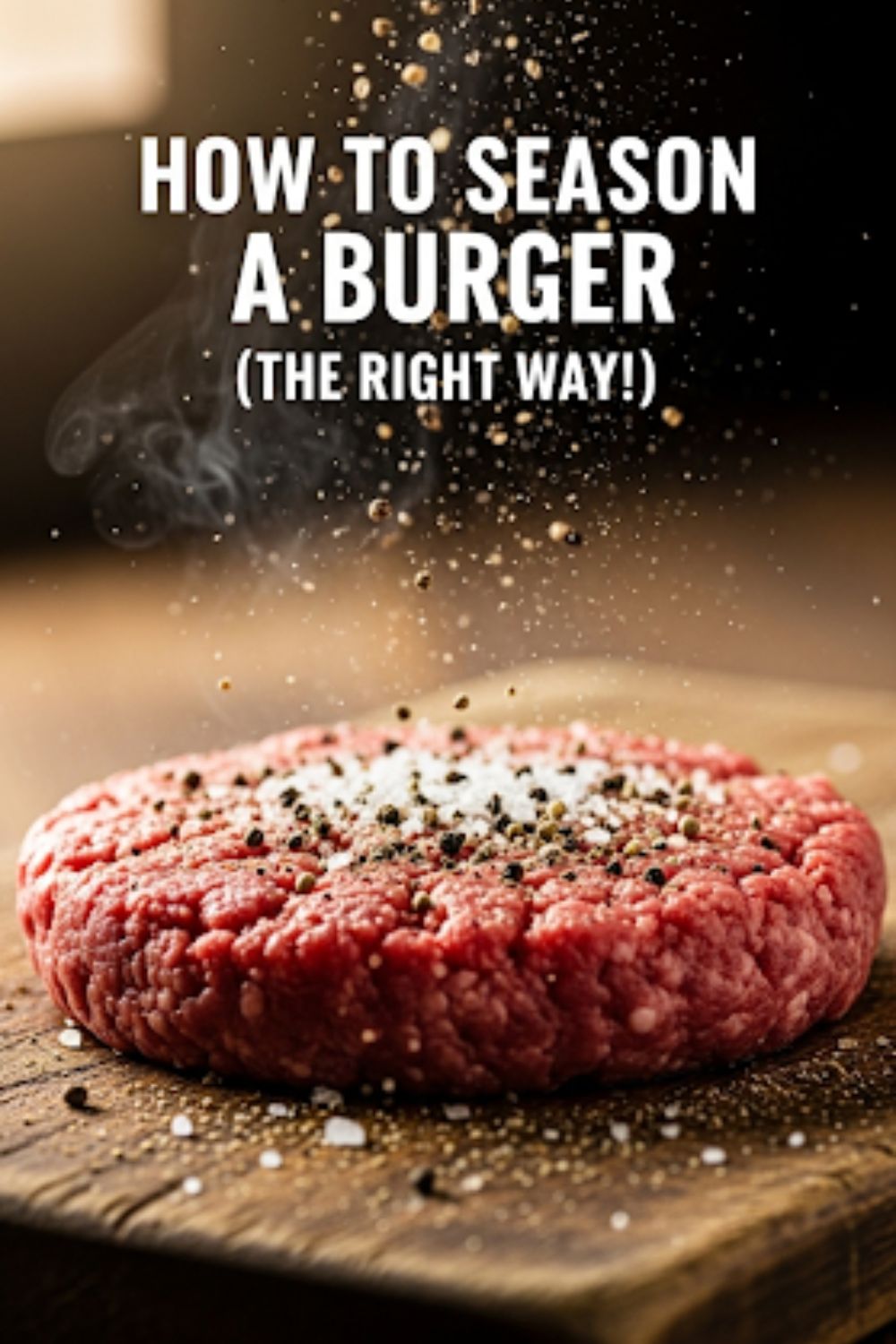 Text overlay "How to Season Burger Patties" over a dramatic, close-up shot of a hand generously sprinkling a coarse seasoning blend onto a perfectly formed raw burger patty.