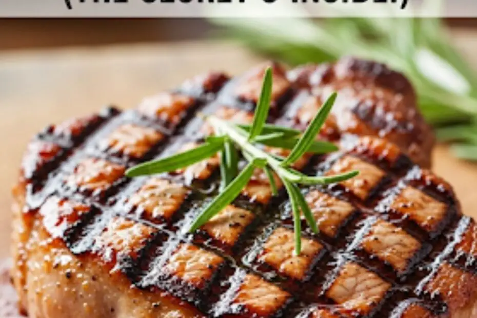 Text overlay "How to Season Pork Chops for Grilling" over a mouth-watering shot of a thick-cut, perfectly grilled pork chop with beautiful char marks, resting on a cutting board.