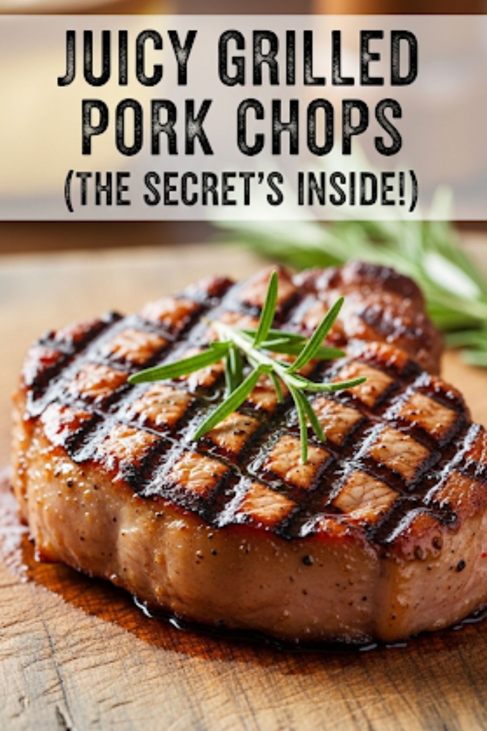 Text overlay "How to Season Pork Chops for Grilling" over a mouth-watering shot of a thick-cut, perfectly grilled pork chop with beautiful char marks, resting on a cutting board.