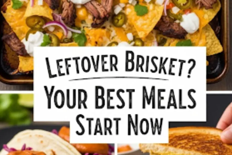Text overlay "How to Use Leftover Brisket" over a vibrant collage of different dishes made with brisket, like a sheet pan of nachos, a brisket taco, and a grilled cheese sandwich.