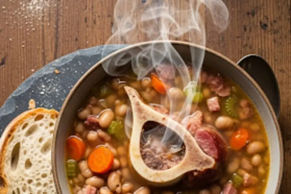 Text overlay "How to Use a Leftover Ham Bone" over a rustic, comforting image of a large bowl of hearty ham bone and bean soup, garnished with fresh parsley.