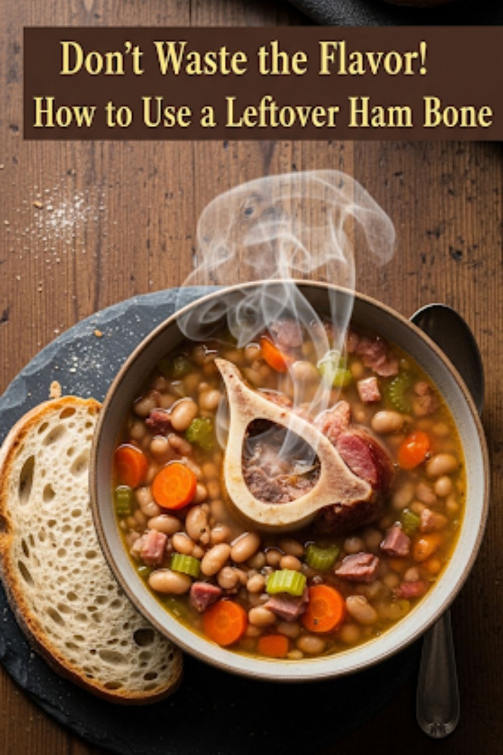 Text overlay "How to Use a Leftover Ham Bone" over a rustic, comforting image of a large bowl of hearty ham bone and bean soup, garnished with fresh parsley.