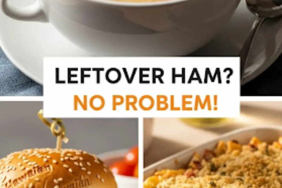 Text overlay "How to Use Leftover Ham" over a vibrant collage of different dishes made with ham, like a bowl of soup, a breakfast slider, and a pasta bake.