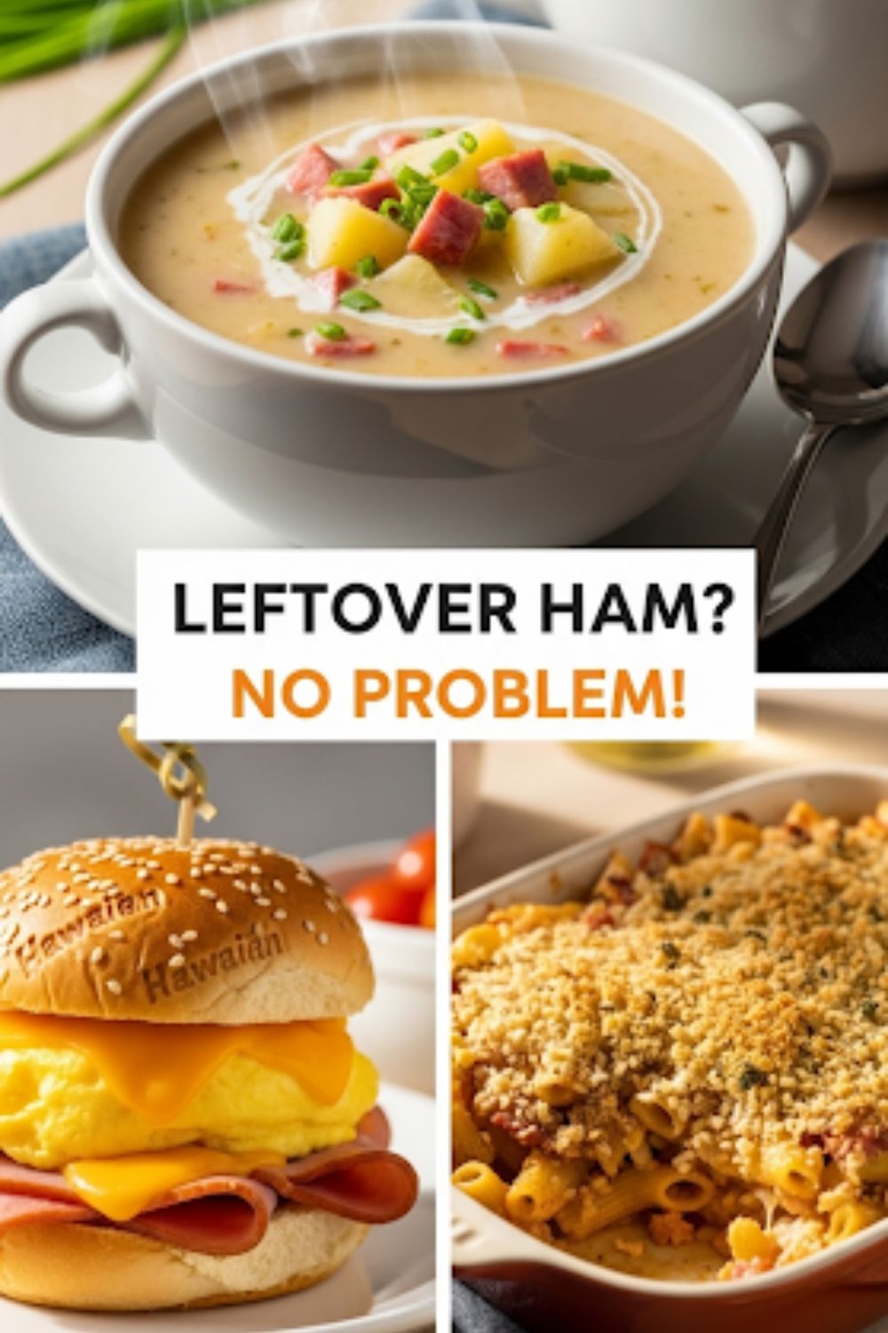 Text overlay "How to Use Leftover Ham" over a vibrant collage of different dishes made with ham, like a bowl of soup, a breakfast slider, and a pasta bake.