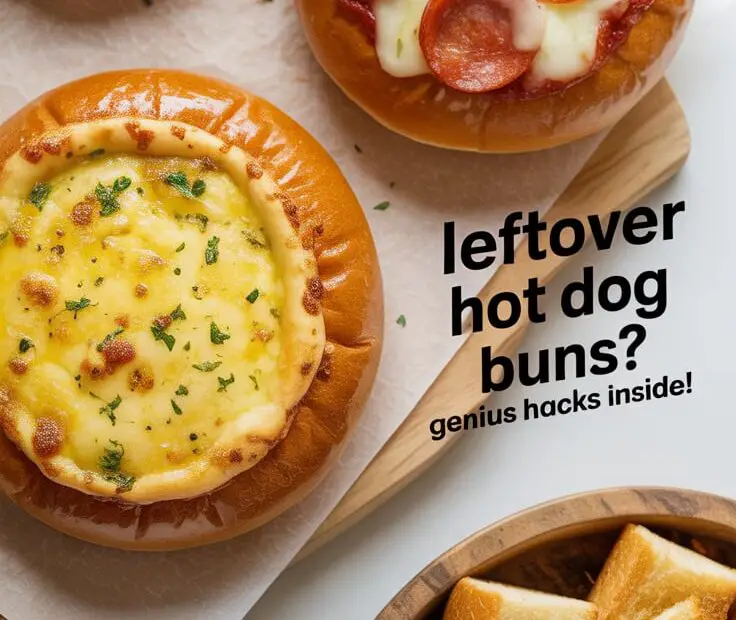 Text overlay "How to Use Leftover Hot Dog Buns" over a vibrant collage of different dishes made from hot dog buns, like garlic bread sticks, mini pizzas, and croutons.