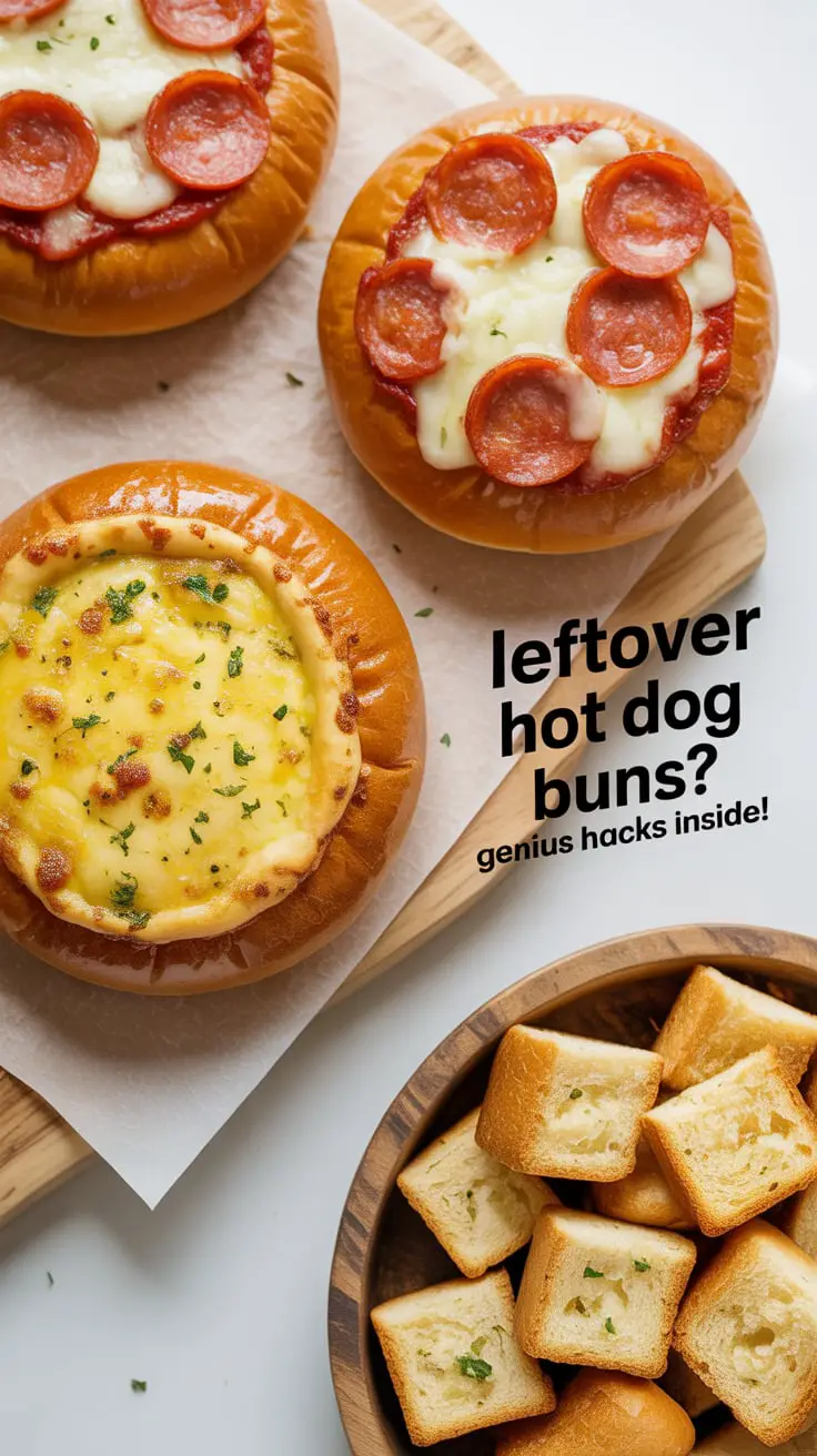 Text overlay "How to Use Leftover Hot Dog Buns" over a vibrant collage of different dishes made from hot dog buns, like garlic bread sticks, mini pizzas, and croutons.