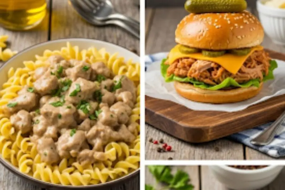 Text overlay "How to Use Leftover Pork Chops" over a vibrant collage of different dishes made with pork, like a creamy stroganoff, a pork-filled slider, and a bowl of fried rice.