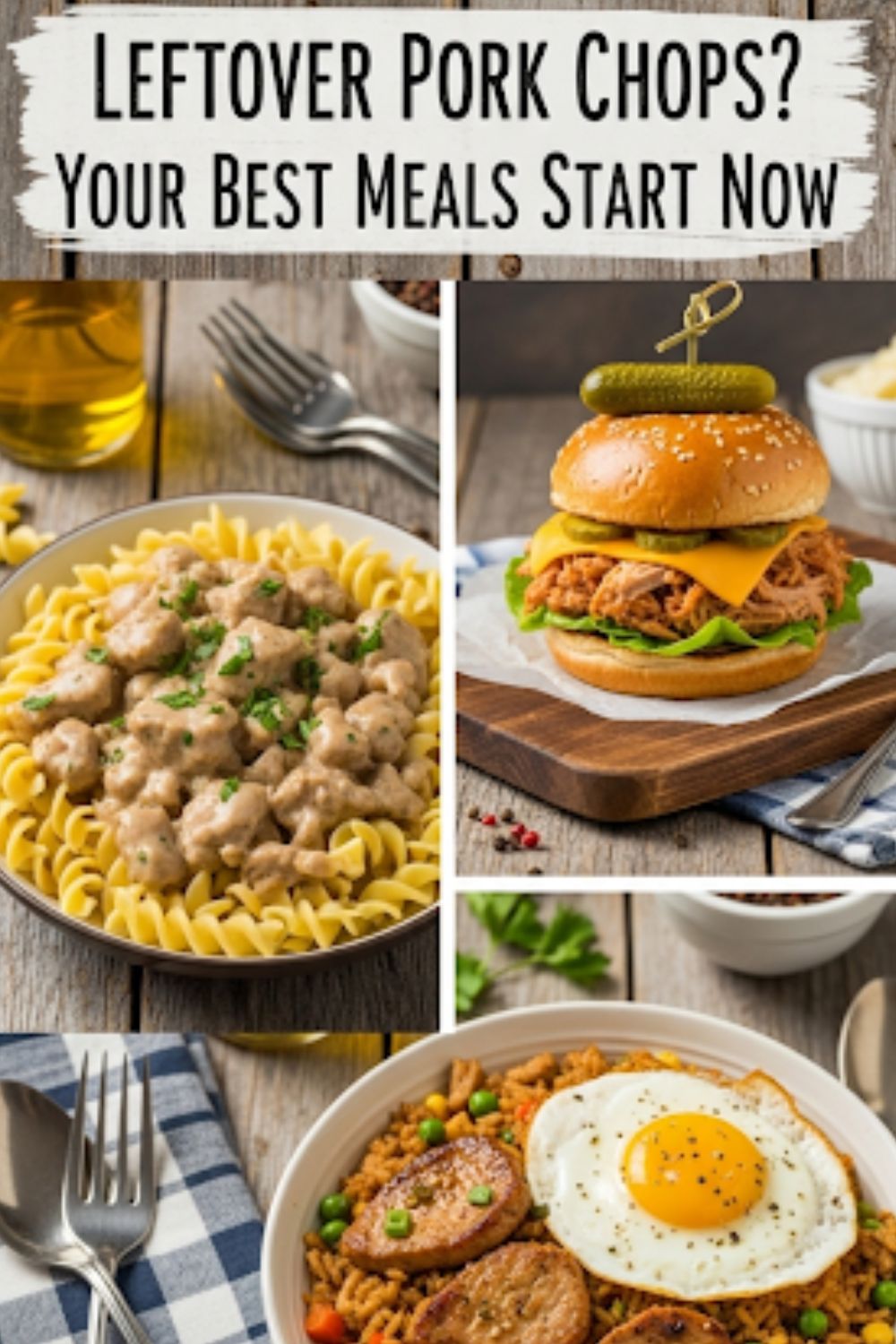 Text overlay "How to Use Leftover Pork Chops" over a vibrant collage of different dishes made with pork, like a creamy stroganoff, a pork-filled slider, and a bowl of fried rice.