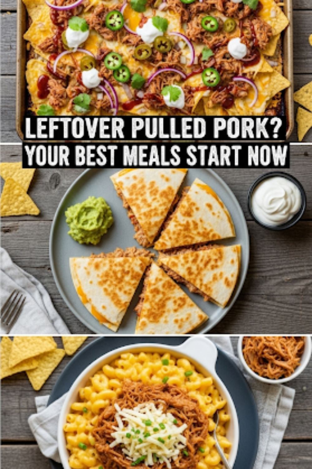 Text overlay "How to Use Leftover Pulled Pork" over a vibrant collage of different dishes made with pulled pork, like a sheet pan of nachos, a quesadilla, and a bowl of mac and cheese.