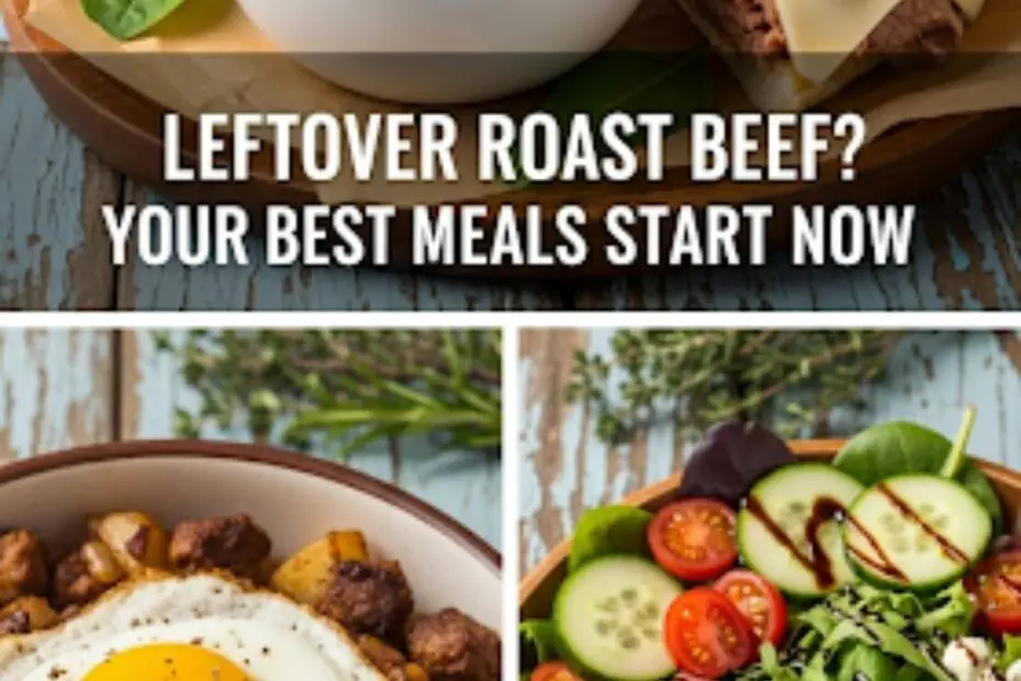 Text overlay "How to Use Leftover Roast Beef" over a vibrant collage of different dishes made with roast beef, like a French Dip sandwich, a beef hash with an egg, and a steak salad.