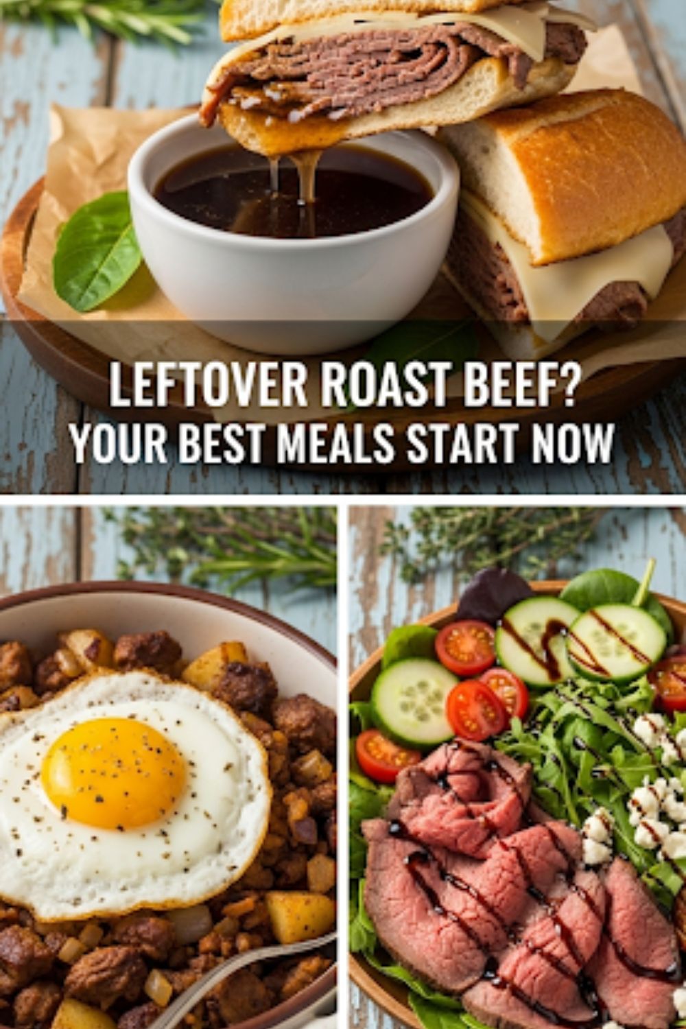 Text overlay "How to Use Leftover Roast Beef" over a vibrant collage of different dishes made with roast beef, like a French Dip sandwich, a beef hash with an egg, and a steak salad.