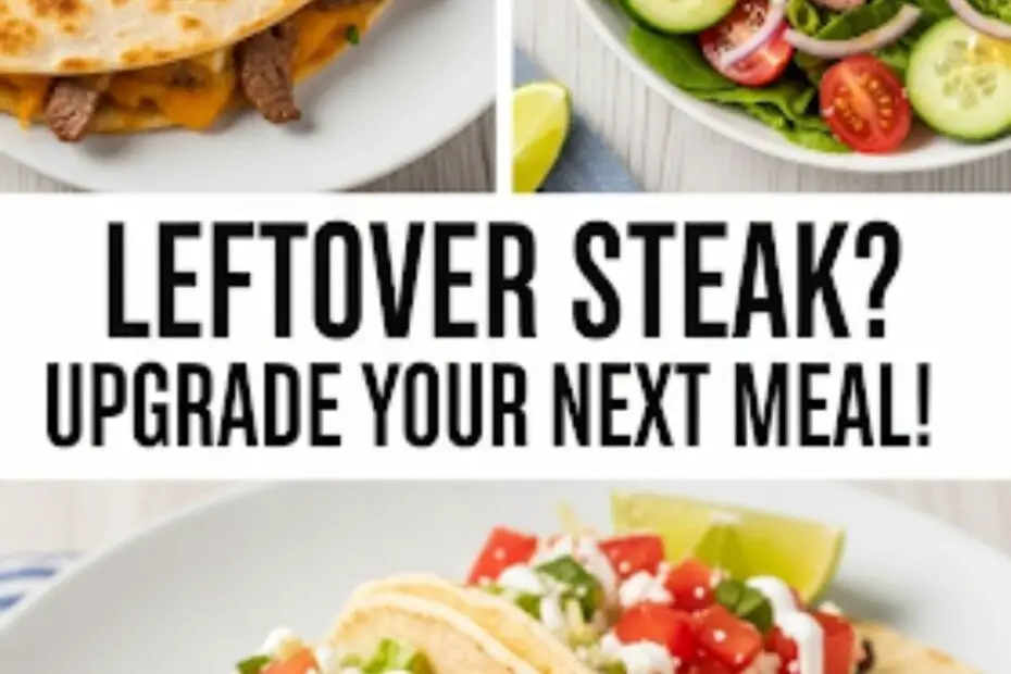 Text overlay "How to Use Leftover Steak" over a vibrant collage of different dishes made with leftover steak, like a quesadilla, a steak salad, and steak tacos.