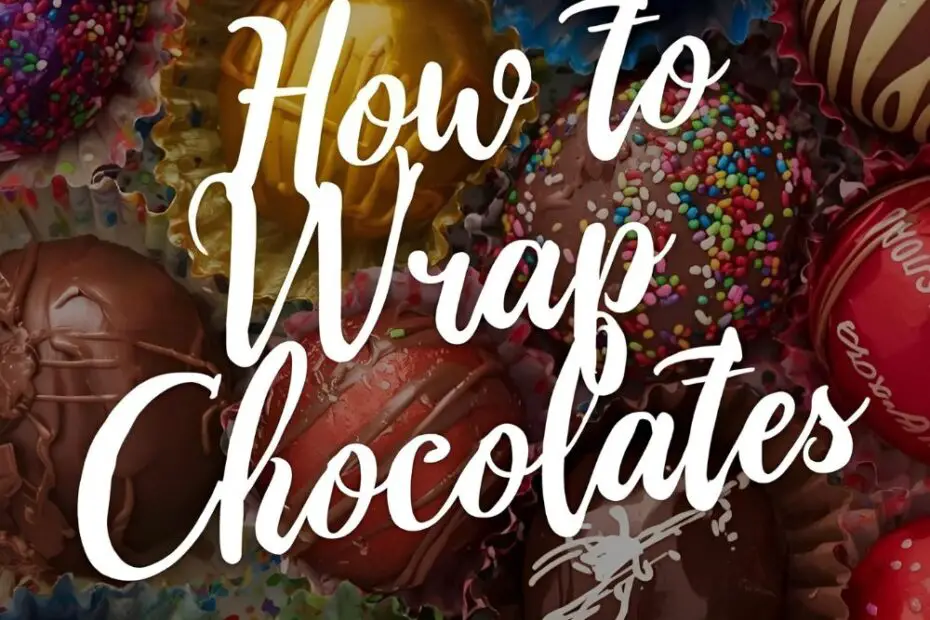 How to Wrap Chocolates" in elegant white script over a vibrant, mouthwatering image of assorted homemade chocolates wrapped in shiny, colorful foils.