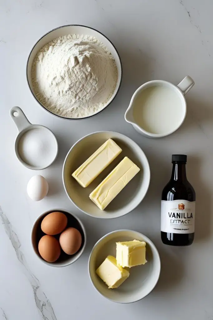 Ingredients for making a homemade vanilla cake