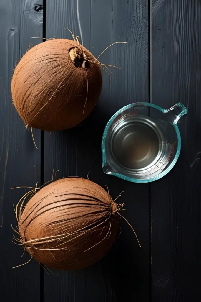 A flat lay of the simple ingredients for making coconut oil: two whole brown coconuts and a cup of water.