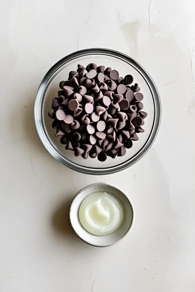 A flat lay showing the ingredients for melting chocolate: a bowl of chocolate chips and a small dish of coconut oil.