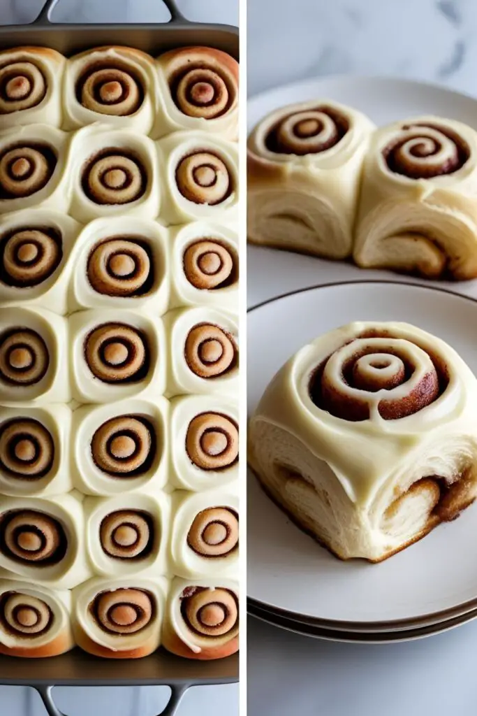 A two-panel image showing a pan full of frosted cinnamon rolls and a close-up of a single perfect roll on a plate.