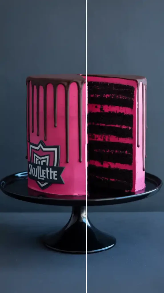  A diptych showing the full Monster High cake on a stand and a close-up of a slice revealing the pink and black layers inside.
