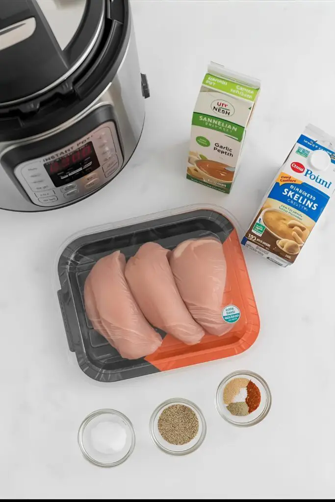A flat lay of ingredients for Instant Pot chicken breast: an Instant Pot, chicken breasts, broth, and spices.