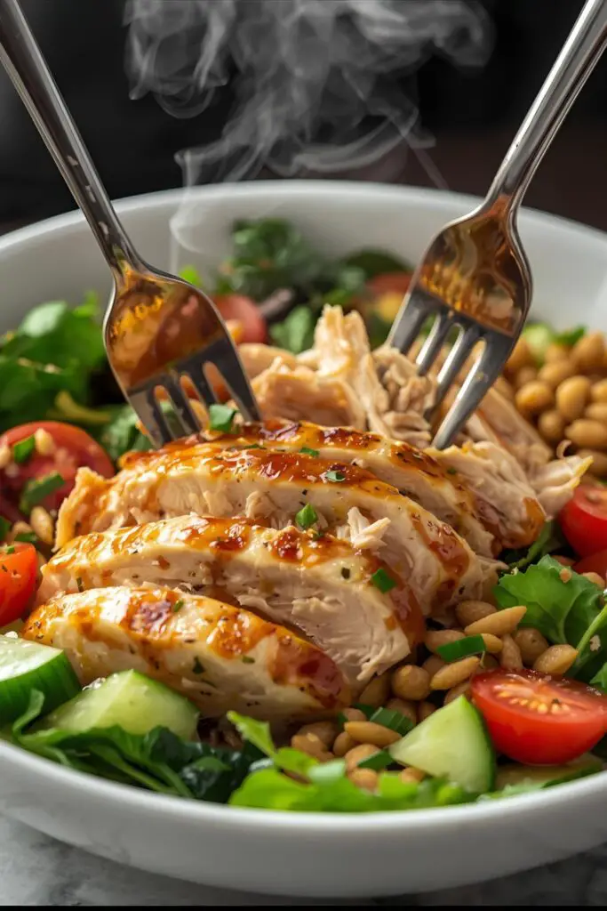 A close-up of juicy, shredded chicken, next to a photo showing the chicken used in a vibrant salad.